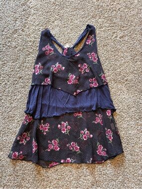Women's Navy Floral Tiered Tank Top - Pink Floral Accents